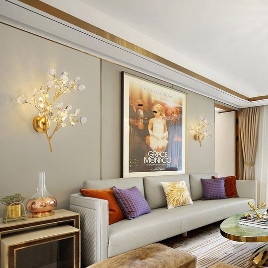 Romantic Flowers Branches G4 Bulb Wall Lights Clear Crystal Living Room Bedroom Decoration Sconce