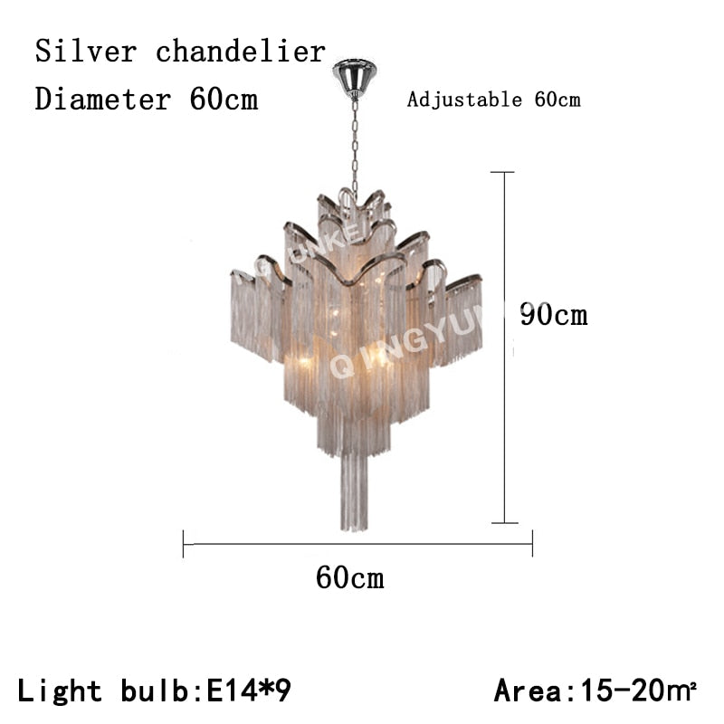 Aluminium Chain Chandelier Fringed Pendant Lamp Luxury Stair Silver Gold Ceiling Light For Home