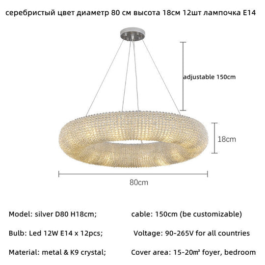 Luxury Loft Led E14 Pendant Lights For American Living Room - Crystal Accents Silver 80Cm 12 Light