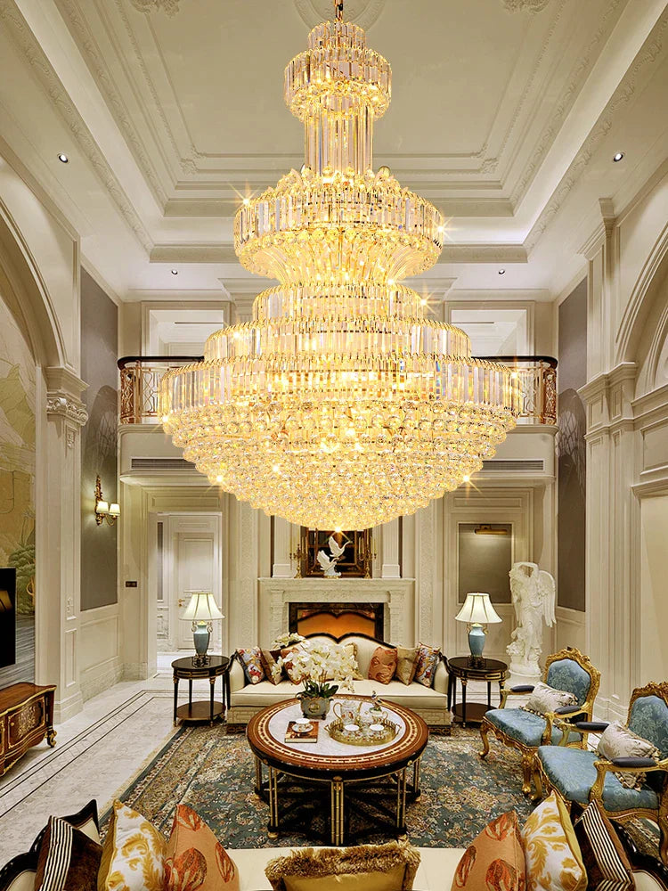 French Style Crystal Glass Pendant Lights Living Room Round Gold High Ceiling Hanging Lamp Home Led