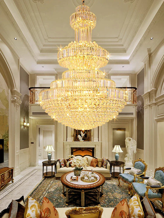 French Style Crystal Glass Pendant Lights Living Room Round Gold High Ceiling Hanging Lamp Home Led