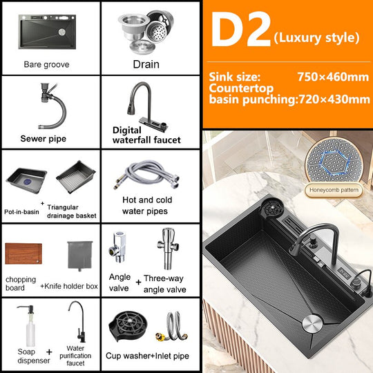 Digital Display Waterfall Sink Embossed Stainless Steel Kitchen Large Single Bowl Black Washbasin