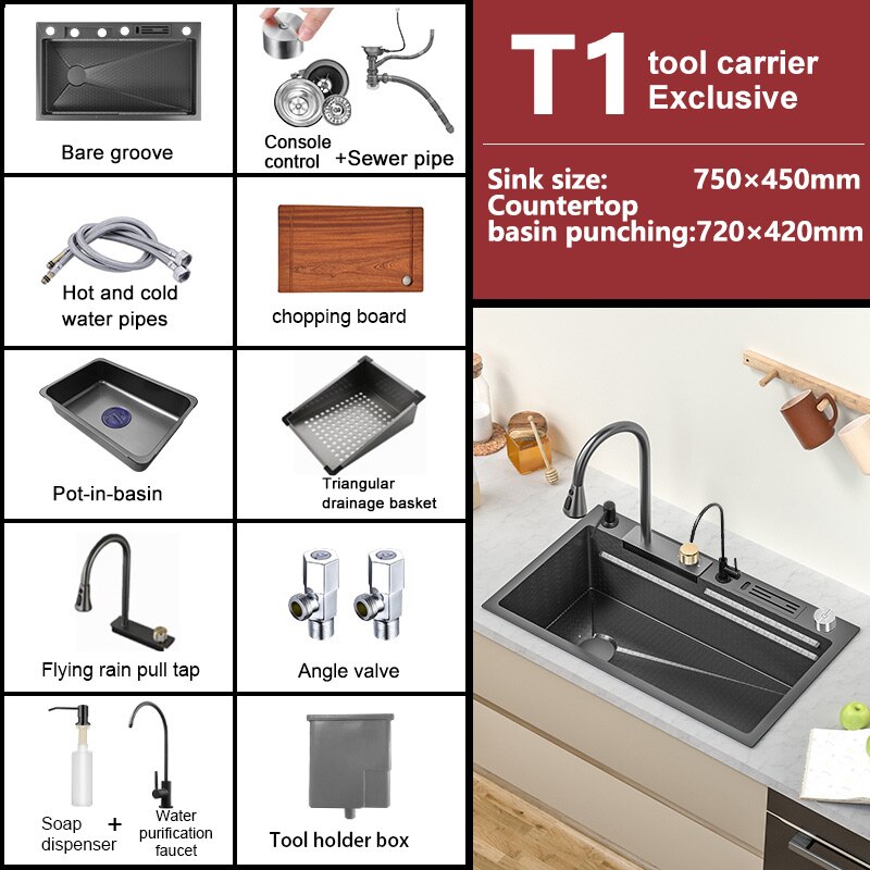 Waterfall Sink Kitchen 304 Stainless Steel Large Single Slot Modern Multifuctional Workstation With