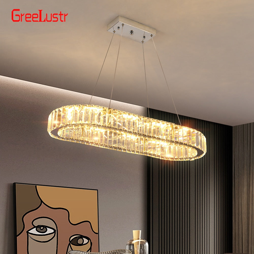 Crystal Oval Design Led Chandelier Modern Large Pendant Hanging Light Fixtures For Living Room