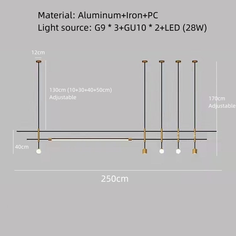 Sleek Height - Adjustable Dining Room Chandelier - Minimalist Gold And Black Metal Design 250Cm -