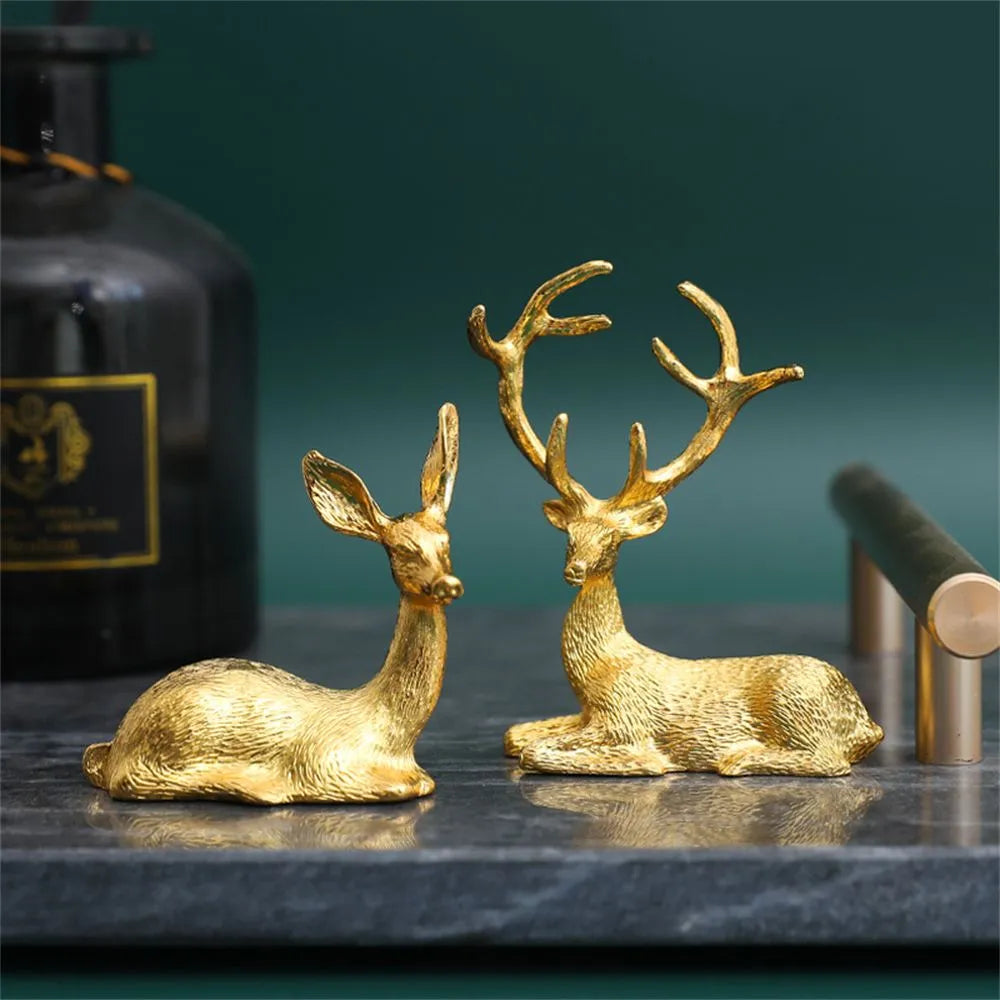 1 Pair Elk Deer Statue Nordic Ornament Art Figurine Vintage Golden Handicraft Table Decoration