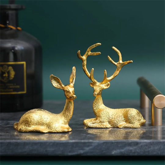 1 Pair Elk Deer Statue Nordic Ornament Art Figurine Vintage Golden Handicraft Table Decoration