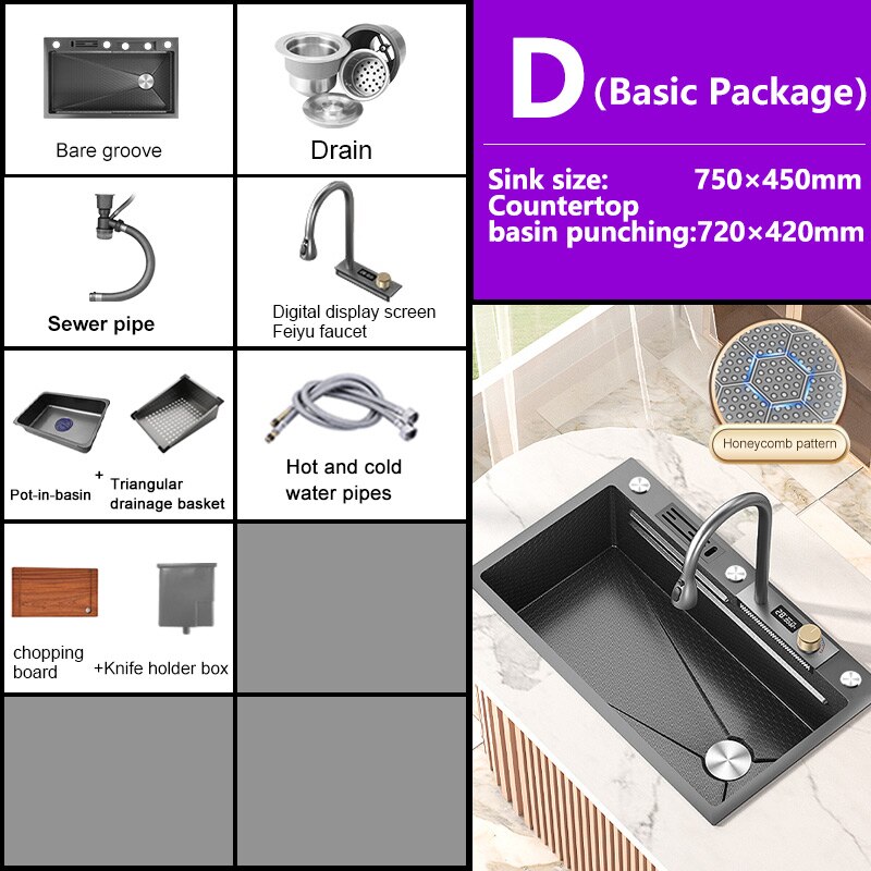 Kitchen Sink Large Single Slot Stainless Steel Waterfall Household Embossed Washing Basin Utensils