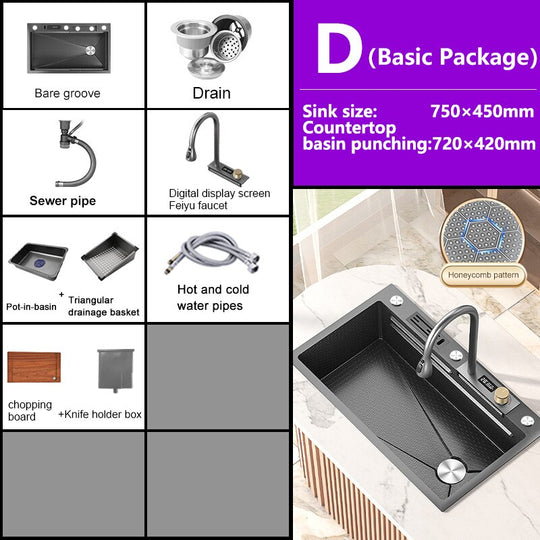 Kitchen Sink Large Single Slot Stainless Steel Waterfall Household Embossed Washing Basin Utensils