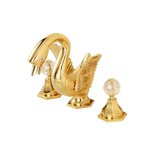 Basin Faucet Widespread Hot And Cold Swan Sink Crystal Handle Gold Solid Brass Mixer Bathroom