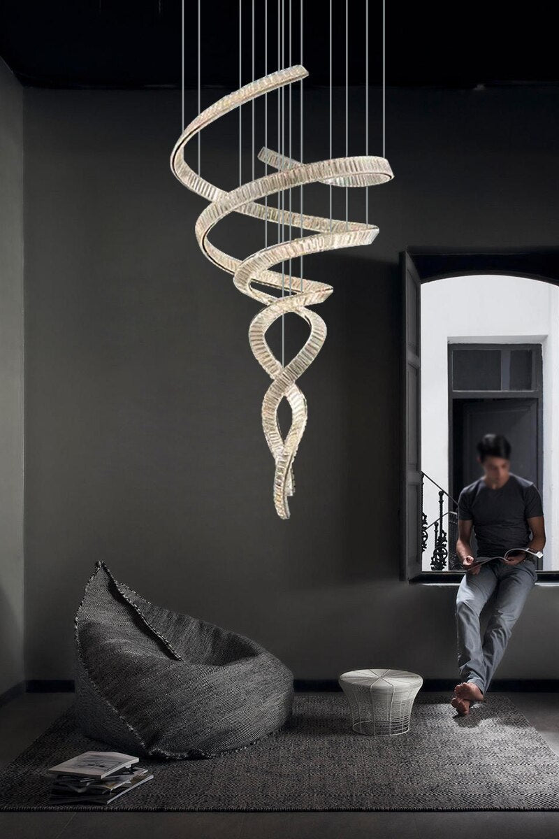 Galactic Radiance: Modern Led Luxurious Crystal Pendant Chandelier - An Artistic Staircase Duplex
