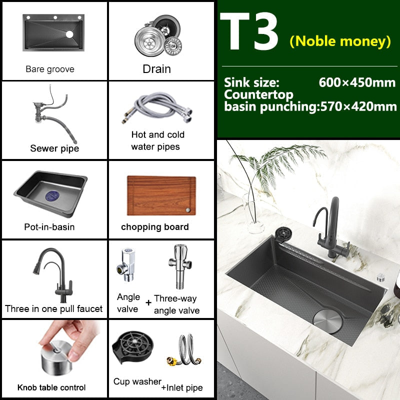 Stainless Steel Embossed Kitchen Sink Large Single Slot Washbasin Multifunctional Washing Basin