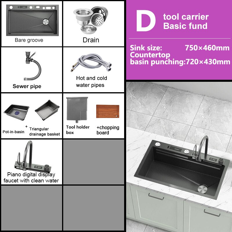 Stainless Steel Kitchen Sink Digital Display Embossed Waterfall Sink Large Single Slot