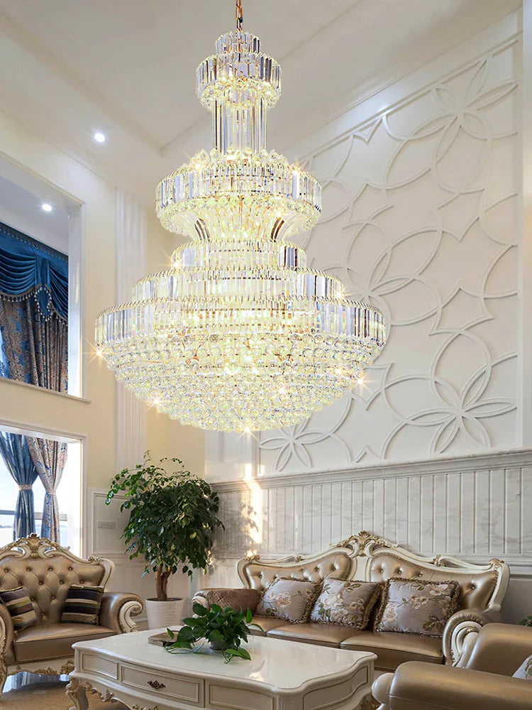 French Style Crystal Glass Pendant Lights Living Room Round Gold High Ceiling Hanging Lamp Home Led