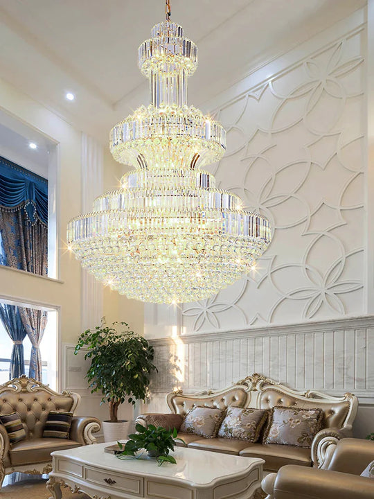French Style Crystal Glass Pendant Lights Living Room Round Gold High Ceiling Hanging Lamp Home Led