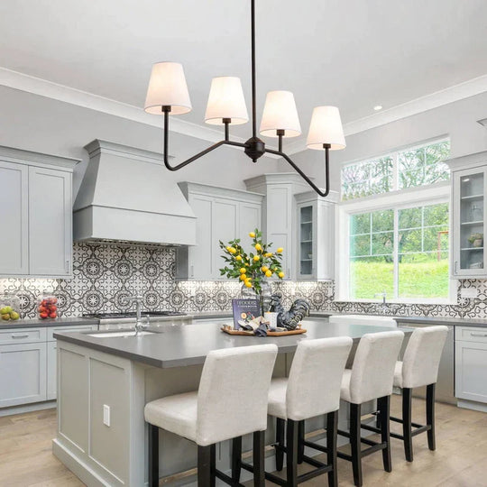 Classic Kitchen Island Chandelier - Polished Gold/Black With White Linen Shades For Bedroom And