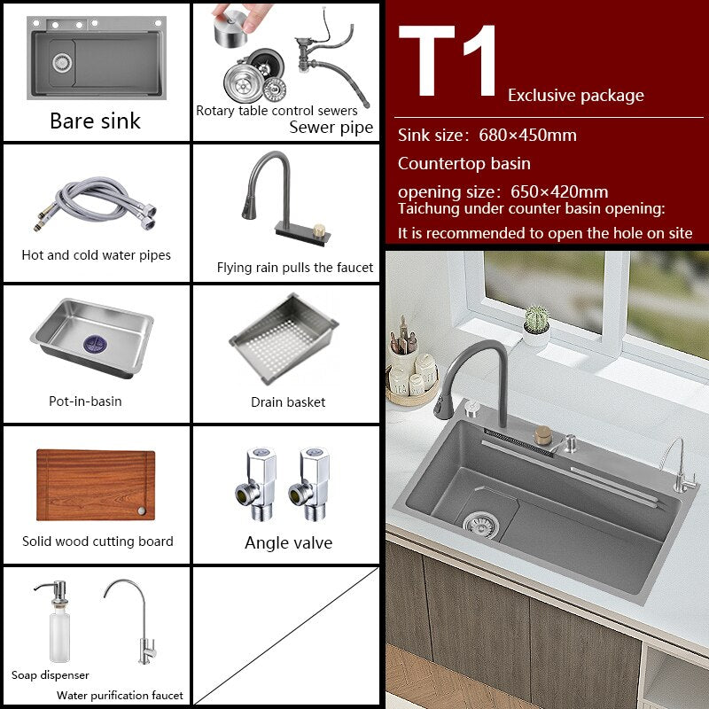 New Grey Nano 304 Stainless Steel Kitchen Sink Waterfall Basin Large Single Slot With Faucet For