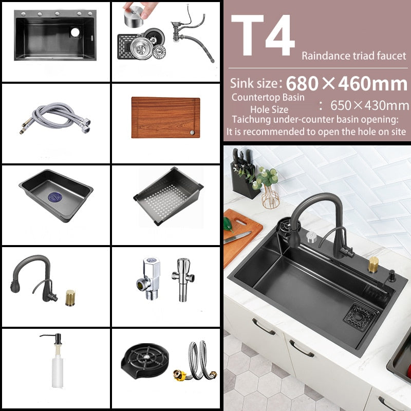 Black Nano Kitchen Sink 304 Stainless Steel Waterfall Basin Large Single Bowl With Multifunction