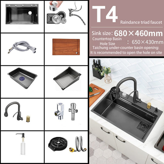 Black Nano Kitchen Sink 304 Stainless Steel Waterfall Basin Large Single Bowl With Multifunction