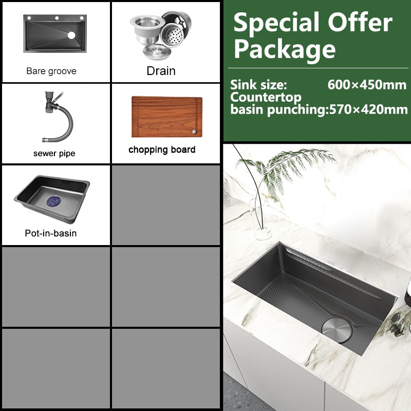 Stainless Steel Embossed Kitchen Sink Large Single Slot Washbasin Multifunctional Washing Basin