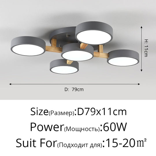 Nordic Style Decorative Wood Art Led Ceiling Light For Living Room B Gray 5 Heads 60W / Warm White