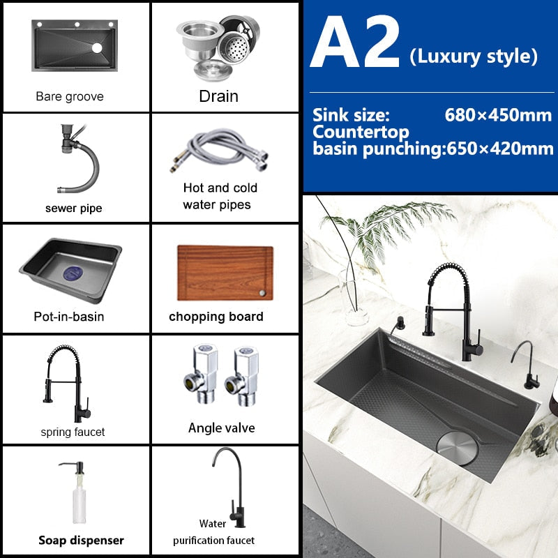 Stainless Steel Embossed Kitchen Sink Large Single Slot Washbasin Multifunctional Washing Basin
