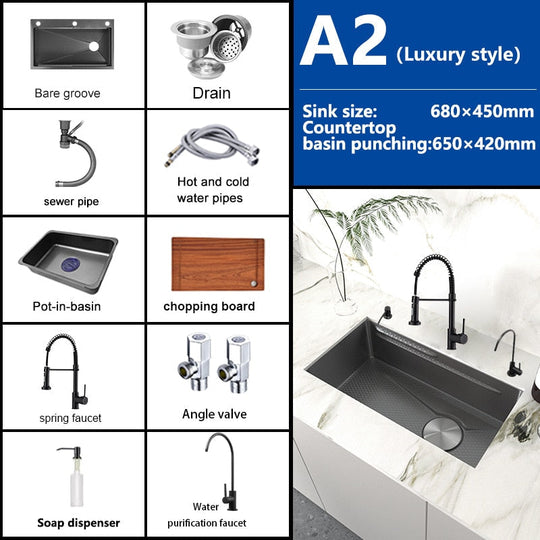 Stainless Steel Embossed Kitchen Sink Large Single Slot Washbasin Multifunctional Washing Basin
