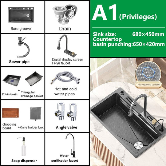 Kitchen Sink Large Single Slot Stainless Steel Waterfall Household Embossed Washing Basin Utensils