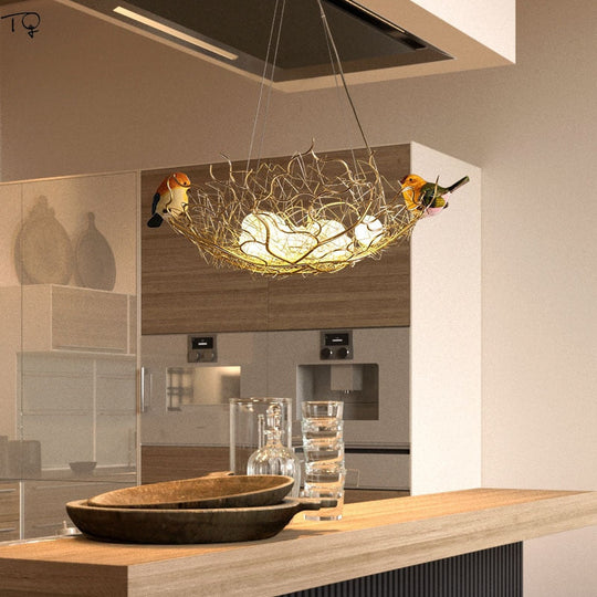Post - Modern Individual Lovely Bird Nest Led Pendant Light Iron Art Hanging Lamp Animal Dining