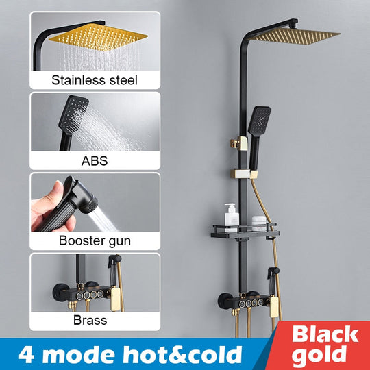 Bathroom Shower Set Black Gold Rain Faucet Thermostatic Digital Display Mixer Taps Copper Systems