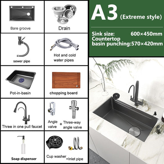 Stainless Steel Embossed Kitchen Sink Large Single Slot Washbasin Multifunctional Washing Basin