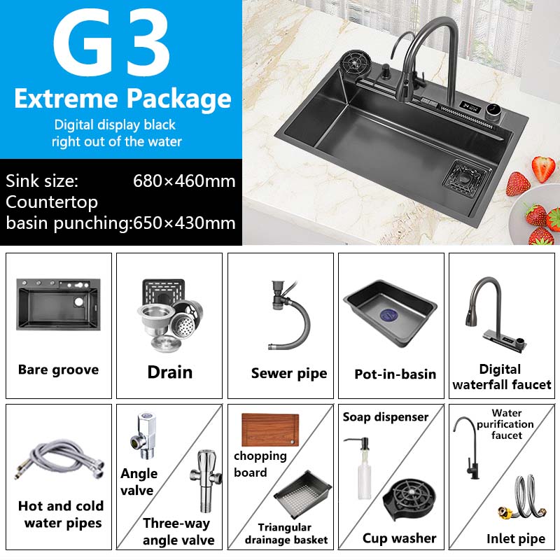 Waterfall Sink Kitchen 304 Stainless Steel Large Single Slot With Multifunction Touch Faucet Above