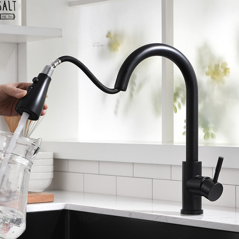 Pull Out Kitchen Sink Faucet With 3 Modes Water Outlet Spout 360 Degree Rotation Matte Black Bar