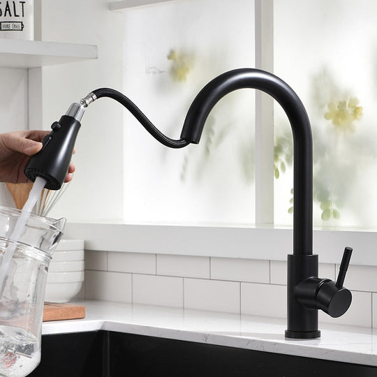 Pull Out Kitchen Sink Faucet With 3 Modes Water Outlet Spout 360 Degree Rotation Matte Black Bar