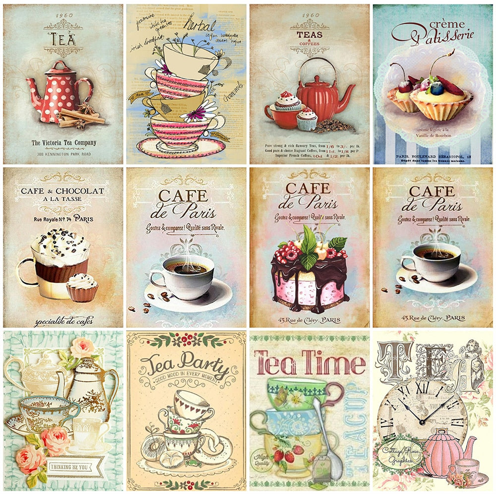 Vintage Coffee Cup And Cake Canvas Painting: Posters Prints For Kitchen Dining Decor Wall Painting