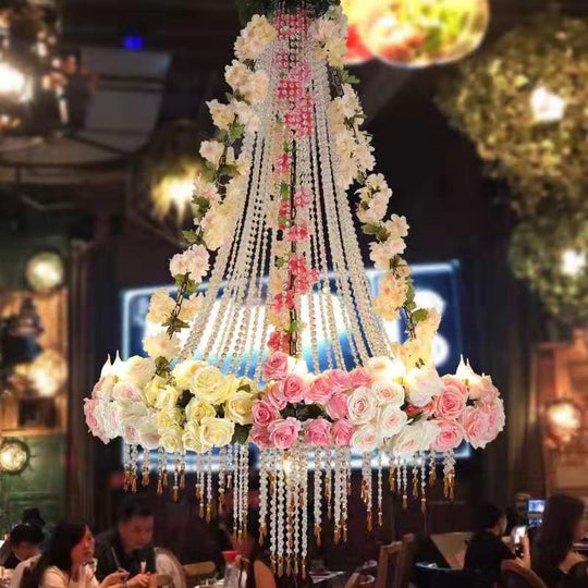 Simulation Rose Crystal Chain Tassel Pendant Light Theme Hollow Restaurant Wine Market Romantic