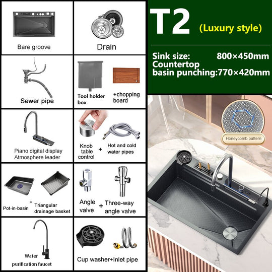 Digital Display Waterfall Sink Embossed Stainless Steel Kitchen Large Single Bowl Black Washbasin