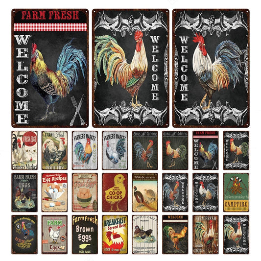 Vintage Chicken And Fresh Eggs Tin Sign: Farmhouse Kitchen Farm Wall Art Decor Painting