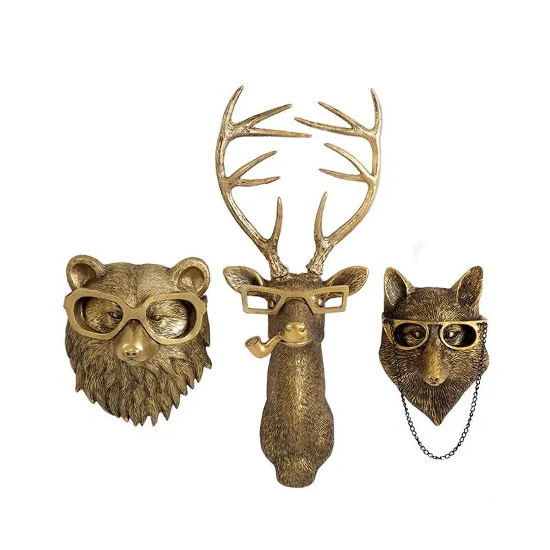 Antique Bronze Resin Animal Pendant Golden Deer Head Wall Storage Hook Up Background Accessories