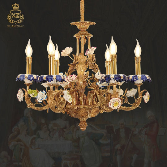 French Copper Chandelier Living Room Bedroom Lamp European Style Palace Club Villa Candle Ceramic