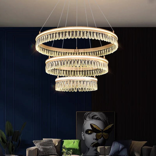Modern Led K9 Crystal Chandelier 3 / 4 Ring Living Dining Room Hanging Light Circle Pendant Lamp