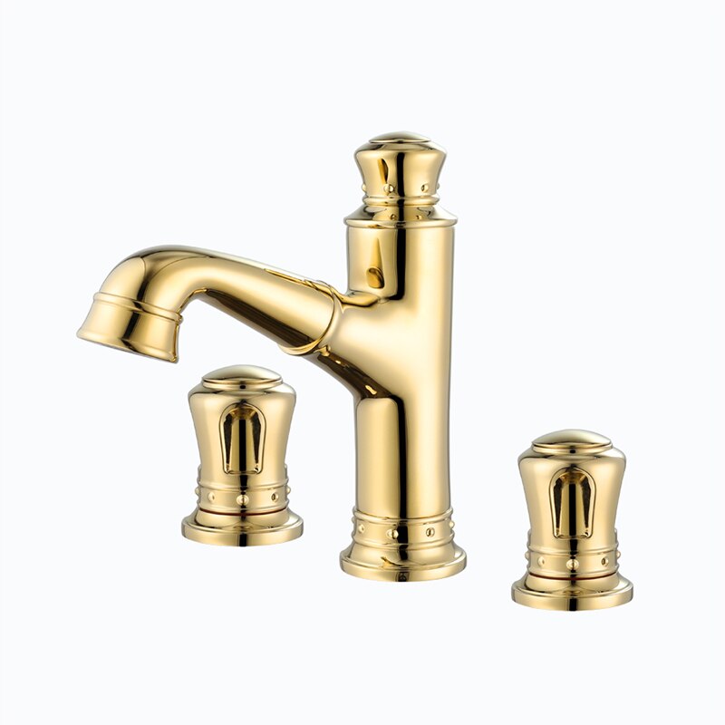 Pull Out Bathroom Sink Faucets Basin Faucet Mixer Gold Brass 3 Holes Double Handle Bathbasin
