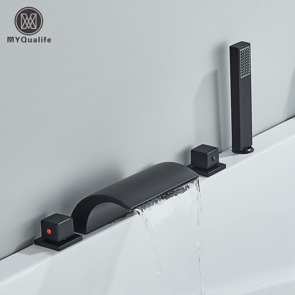 Black Brass Waterfall Bathtub Faucet Widespread Tub Sink Tap Three Handles Hot Cold Water Mixer