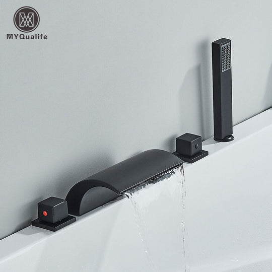 Black Brass Waterfall Bathtub Faucet Widespread Tub Sink Tap Three Handles Hot Cold Water Mixer