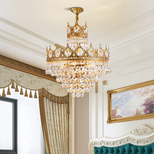 Baroque Royal Crown Crystal Pendant Lamp - Elegant Gold Hanging Light For Living And Dining Rooms