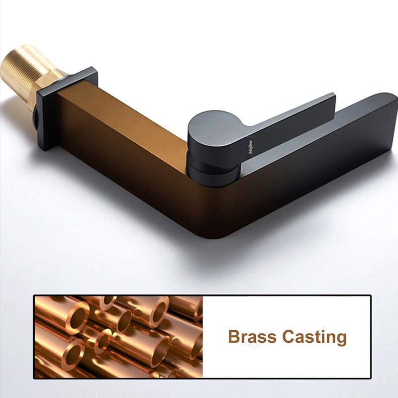 Gun Grey Basin Faucet Brass Bathroom Waterfall Hot And Cold Water Mixer Tap Single Handle Crane