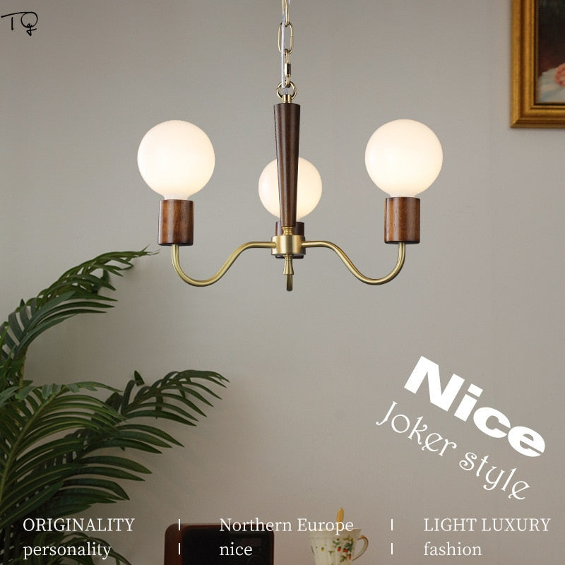 American Medieval Vintage Retro Walnut Brass Chandelier Lighting For Living/Dining Room Decoation