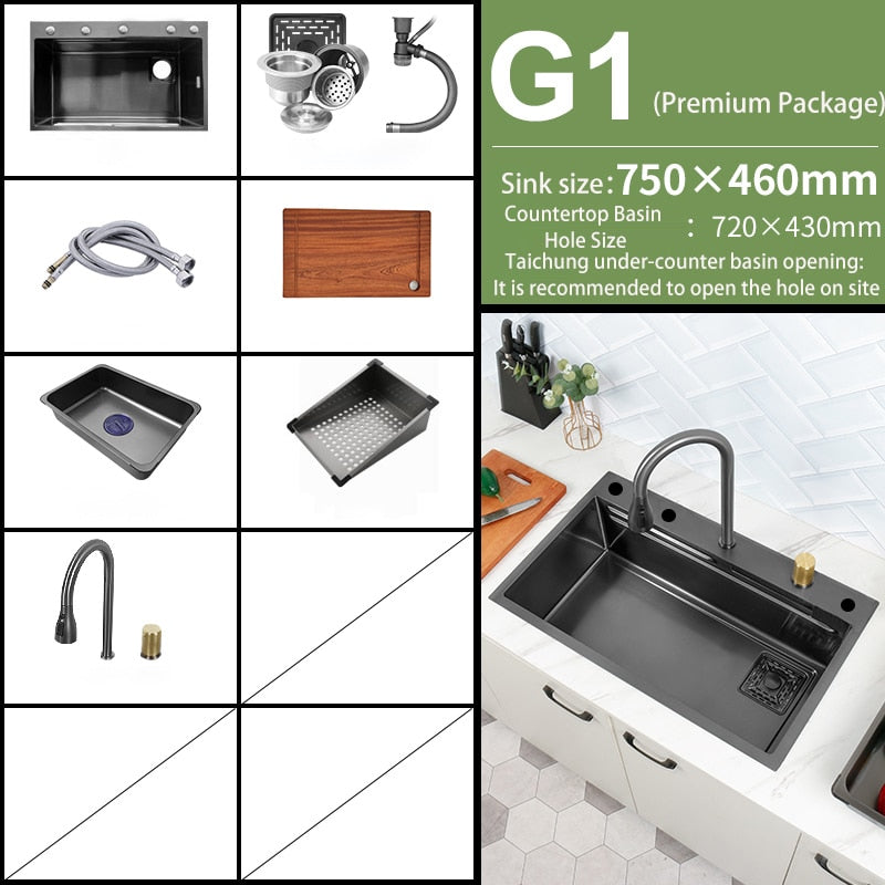 Black Nano Kitchen Sink 304 Stainless Steel Waterfall Basin Large Single Bowl With Multifunction