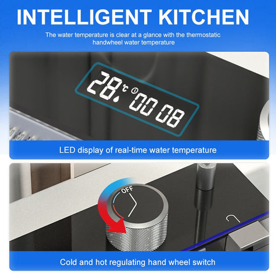 Waterfall Kitchen Sink 304 Stainless Steel Digital Display Large Single Slot Multifuctional With