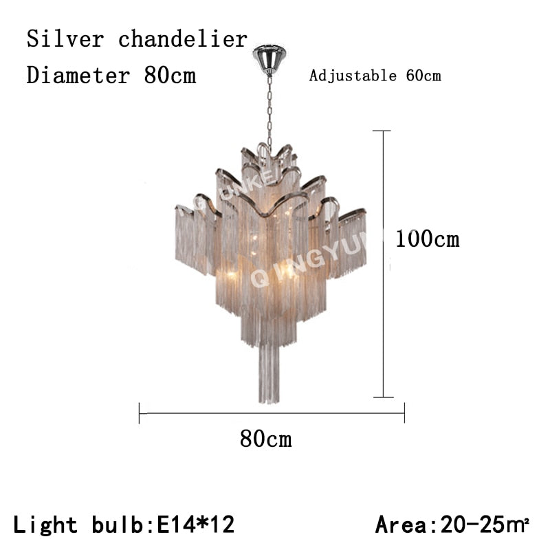 Aluminium Chain Chandelier Fringed Pendant Lamp Luxury Stair Silver Gold Ceiling Light For Home